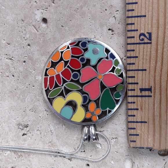 Multi Color Enamel Floral/Silvertone Necklace - Picture 6 of 7